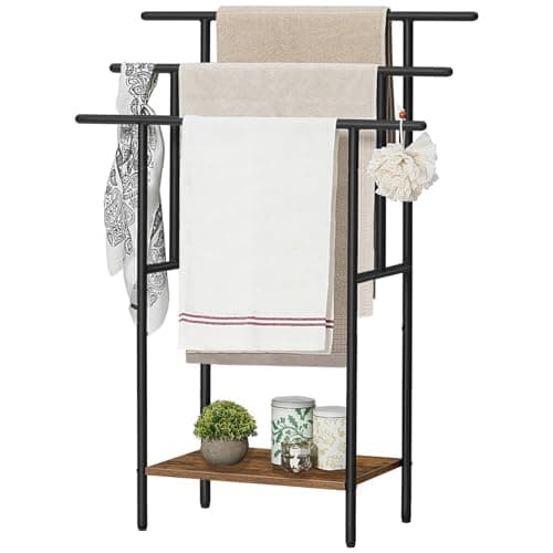 HOOBRO 39.4" Tall Freestanding Towel Rack for Bathroom, 3 Tier Stepped Blanket Rack with Shelf, Oversized Bath Towels Drying and Display Rack, Black and Rustic Brown BF50LB01