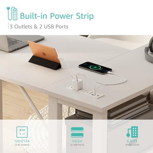 Lufeiya White L Shaped Computer Desk with Drawers & Storage Shelves, 47 Inch Corner Reversible Desk with Power Outlet for Home Office Bedroom, L-Shaped Teen PC Desks with Fabric Drawer, White 6