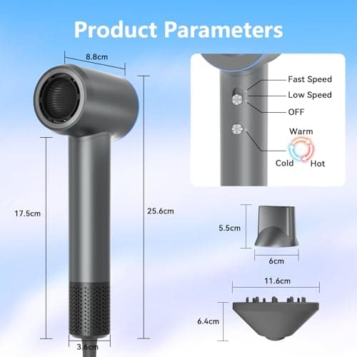 Hair Dryer,160000 RPM Ionic Hair Drye,Portable Lightweight Blow Dryer with 500 Million Negative Ions, High-Speed Hair Dryer with Magnetic Diffuser & Nozzle for Home and Travel 8