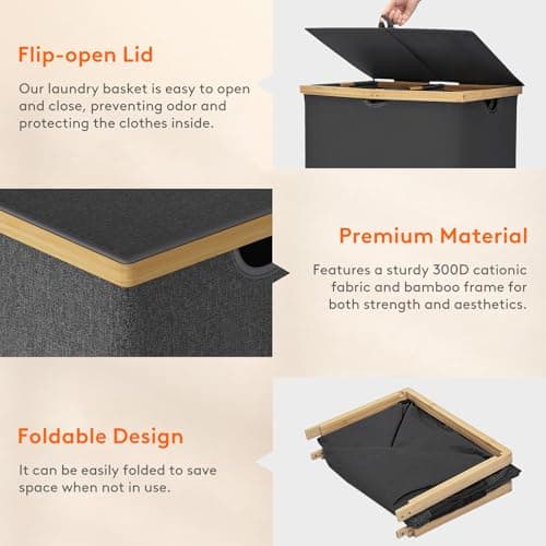 Lifewit 160L Double Laundry Hamper with Lid, Extra Large Bamboo Laundry Basket Dirty Clothes Hamper, 2 Section Laundry Bin Organizer for Laundry Room Bedroom with 2 Removable Liners & Bags, Black 7