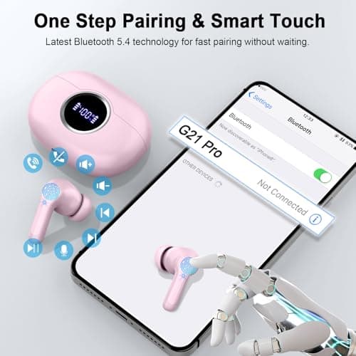 Wireless Earbuds, 2025 Bluetooth 5.4 Headphone 3D Bass Hi-Fi Stereo Ear Buds, 4 ENC Noise Cancelling Mic, 40H 3g USB-C in-Ear Earphone, IP7 Waterproof Workout Sport for Laptop Pad Android iOS, Pink 6