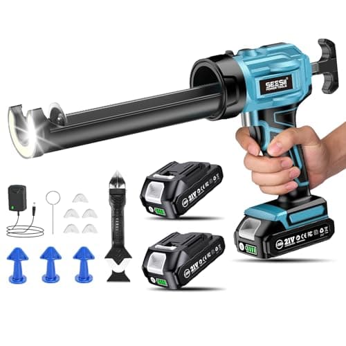 SEESII Cordless Caulking Gun, 21V Battery Powered Caulk Gun, Electric Caulking Gun w/2 x 2.0Ah Batteries, 9Pcs Caulk Remover Tool, LED Light, Auto Retract, Adhesive Gun Kit for Filling, Sealing