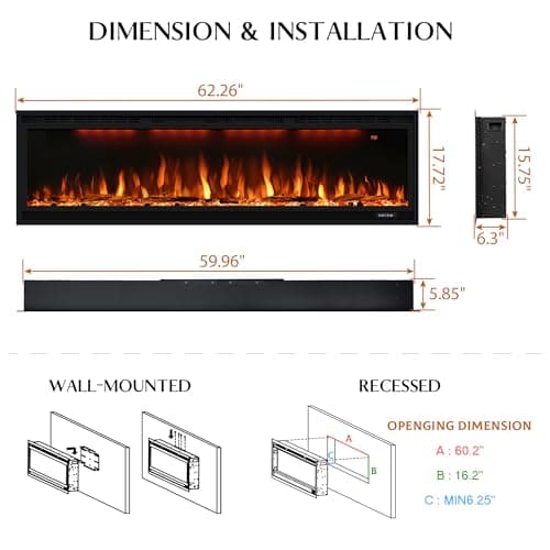 Dreamflame 60 inch Electric Fireplace, Recessed and Wall Mounted Fireplace Heater, 750/1500W Thermostat with Remote Control, Realistic Flame Combinations, Black (60") 5