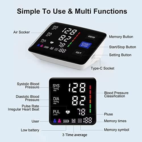 Blood Pressure Monitor, 9-17'' & 13-21'' Extra Large Blood Pressure Cuff Upper Arm, LED Color Backlit Screen Automatic Digital Blood Pressure Machine with USB Cable and 4 AAA Batteries 9