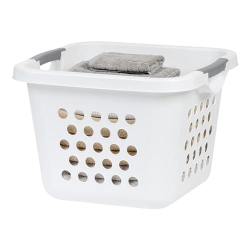 IRIS USA Laundry Basket Hamper Bag, Compact Aesthetic Plastic 30L / 1 Bushel Dirty Clothes Sorter Bin Organizer for Blankets Bathroom Dorm Bedroom with Ventilation Holes and Carry Handles, White