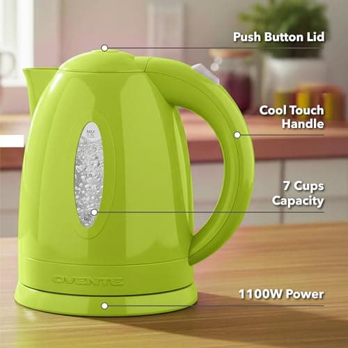 OVENTE Electric Kettle, 1.7L Fast Boiling Water Heater for Coffee or Tea, BPA Free with Water Level Gauge, Auto Shut-Off, Boil-Dry Protection, Indicator Light and Removable Filter, Green KP72G 5