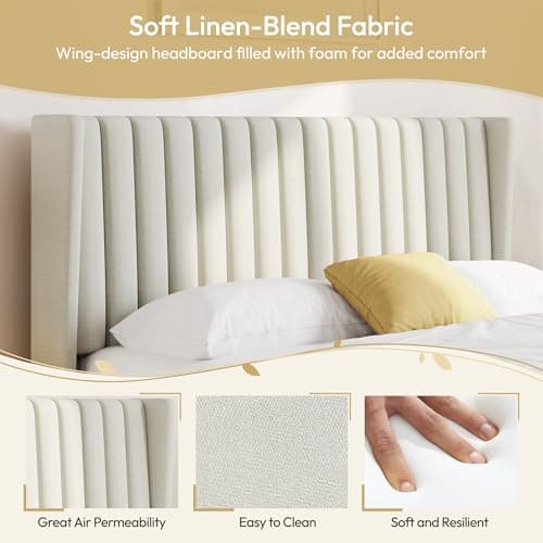 Yaheetech Queen Bed Frame Upholstered Platform Bed with Fabric Headboard, Wing Edge Design/Non-Slip and Noise-Free/Wooden Slats Support/No Box Spring Needed/Easy Assembly, Ivory Queen Bed 5