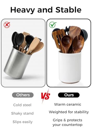 LoeJan 6.7" Utensil Holder, Ceramic Kitchen Utensil Holder with Cork Bottom, Large Utensil Crock for Countertop, Vintage Cooking Tool Organizer Set for Kitchen Counter Decor(White) 5