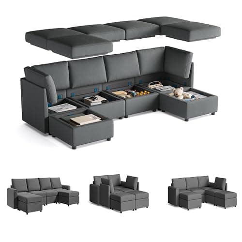 LINSY HOME Modular Sectional Sofa, Convertible U Shaped Sofa Couch with Storage, Memory Foam, Modular Sectionals with Ottomans, 6 Seat Sofa Couch with Chaise for Living Room, Dark Grey