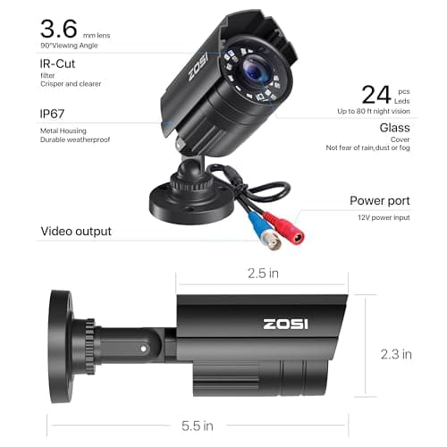 ZOSI 1080P HD TVI Security Camera for Home Office Surveillance CCTV System, 2MP Outdoor Indoor Weatherproof Bullet BNC Camera with Metal Housing, Night Vision, for 1080P/5MP/4K HD-TVI Analog DVR 8