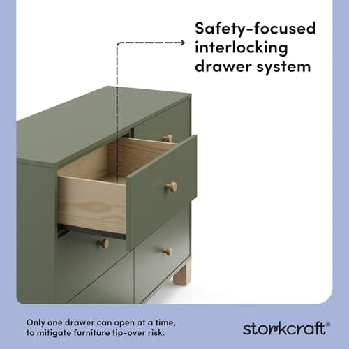 Storkcraft California 6-Drawer Double Dresser (Olive with Driftwood) - GREENGUARD Gold Certified, Interlocking Drawer System, Dresser Drawer Organizer for Kids Bedroom 7