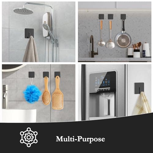 Docrok 6 Pack Stainless Steel Heavy Duty Adhesive Towel Hooks for Bathrooms, Kitchen Towel Hooks, Waterproof Bathroom Hooks for Towels, Wall Hooks for Hanging, Adhesive Shower Coat Hook, Black 5