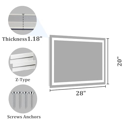 Koonmi 20x28 LED Bathroom Mirror, Backlit + Front Lit, LED Bathroom Mirror with Lights for Wall, 3 Colors, Anti-Fog, Dimmable Brightness, Memory Function, Tempered Glass 8