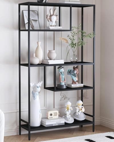 Yusong Black Bookshelf, Industrial Bookcase Open Storage Shelves with Metal Frame, Freestanding Display Rack Tall Shelving Unit for Living Room, Bedroom, Office, Black
