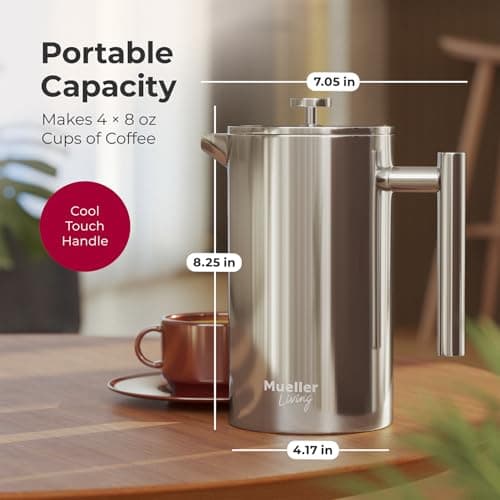 MuellerLiving French Press Coffee Maker 34oz, Stainless Steel French Press Coffee, 4 Filter Heat Resistant Double Insulated, Rust-Free, Food Grade, Dishwasher Safe Coffee Pot 7