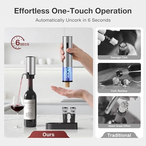 BABONIR 7-in-1 Electric Wine Opener Gift Set, Stainless Steel Automatic Corkscrew with Automatic Aerator Pourer, 2 Vacuum Stoppers, Foil Cutter, Storage Base Rechargeable Corkscrew Kit for Wine Lovers 8