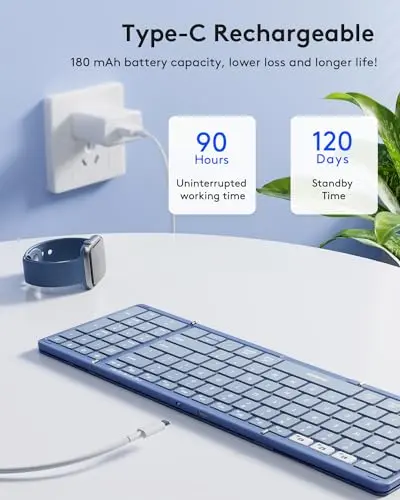 Samsers Foldable Bluetooth Keyboard with Numeric Keypad, Full-Size Wireless Folding PU Leather, Portable Travel for iOS Android Windows Mac OS, Support 3 Device(BT5.1 x 3) Blue 5