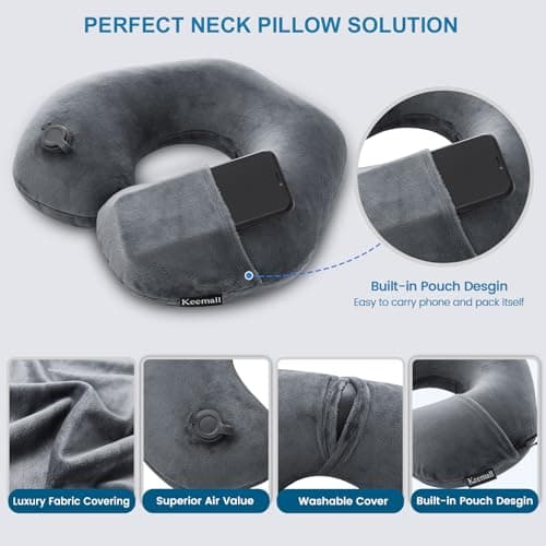 Keemall Inflatable Travel Neck Pillow, Super Soft Plane Neck Support Pillow for Travel Ariplane Sleep Support, Adjustable Neck Cushion Headrest Pillow, Folds Up Nicely, Black Grey 6