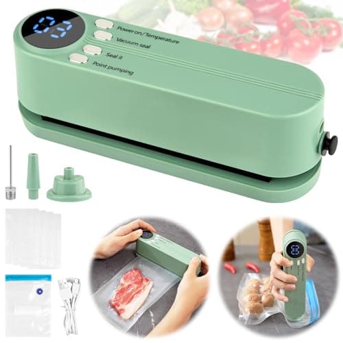 Mini Vacuum Sealer for Food, 3 in 1 Cordless Rechargeable Food Sealer for Dry/Moist Food Storage with 4 Snack Bags, Heat Sealer for Chip Bags, Inflation Pump for Balls/Swim Ring Gift - Green