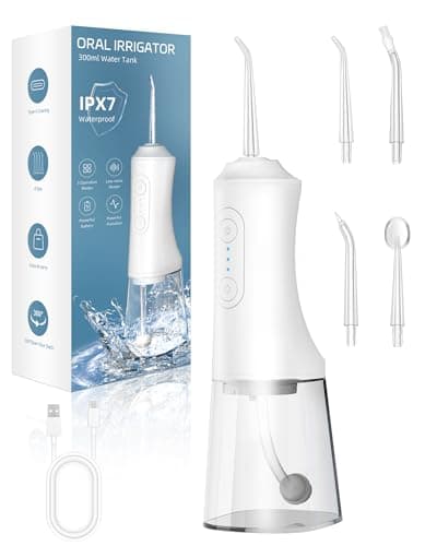 Water Flosser, Water Dental Flosser Pick for Teeth, 300ML IPX7 Waterproof Oral Irrigator, 3 Modes 4 Replaceable Jet Tips, Professional Flossing Cleaning Picks for Home Travel Gums (White)