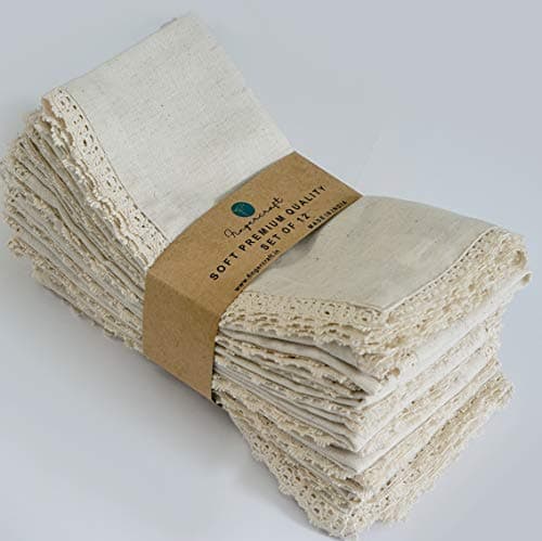 FINGERCRAFT Dinner Cloth Napkin Cotton Linen 12 Pack Vintage Rustic Premium Quality Mitered Corners Napkin Cloth with Elegant Lace for Everyday Use, Pre Shrunk and Good Absorbency 20x20 in Ivory