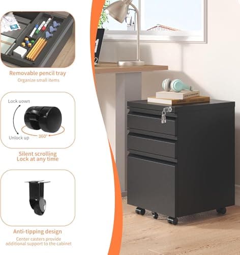 Guizeeopo Filing Cabinets for Home Office, Mobile File Cabinet with Lock, 3 Drawer Filing Cabinet for A4/Letter/Legal Size Folder, Fully Assembled Except Casters, Matte Black 7
