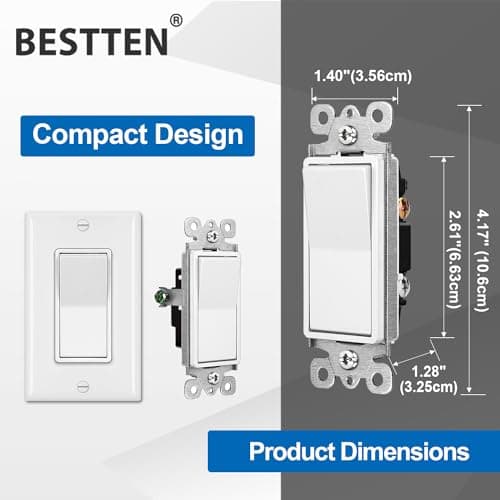 BESTTEN 10 Pack Single Pole Decorator Light Switch with Wallplate, 15A 120/277V, Rocker Paddle Wall Switch, On/Off Interrupter for LED and Other Lamps 5