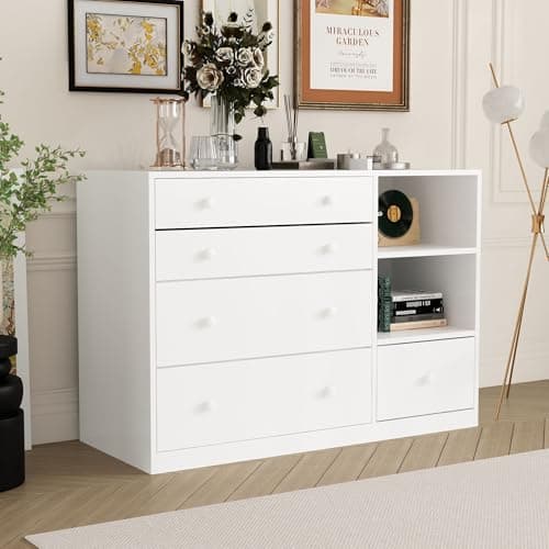 Timechee Changing Table Dresser, Baby Classic Nursery Dresser with 5 Drawers and 2 Shelves, Multi-Functional Baby Changing Table, Diaper Changing Station for Children's Room, White 9