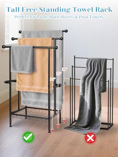 Haturi Free Standing Towel Rack for Bathroom, 3-Tier 39" H Black Metal Towel Drying Rack with Storage Basket, 24.4" L x 13" W x 39" H Rust-Resistant Outdoor Holder for Pool & Oversized Towels 6