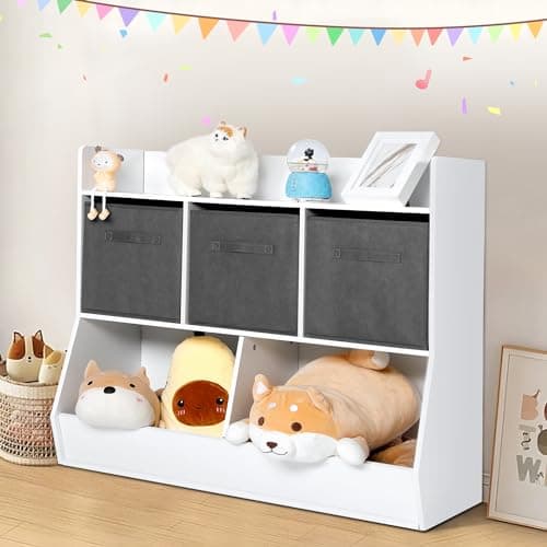Rengue Toy Storage Organizer with 3 Removable Drawers, Kids Multi Shelf Cubby Bookshelf, Floor-to-Ceiling Multifunctional Storage Toy Cabinet for Children's Rooms, Playrooms and Kindergartens