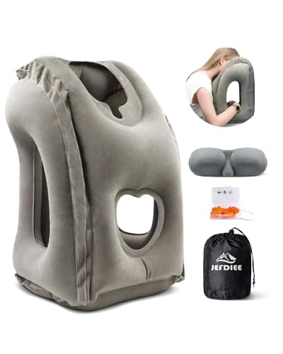 JefDiee Inflatable Travel Pillow, Airplane Neck Pillow Comfortably Supports Head and Chin for Airplanes, Trains, Cars Office Napping on The Tray Table (Grey)