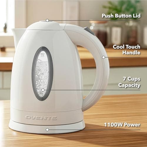 OVENTE Electric Kettle, 1.7L Fast Boiling Water Heater for Coffee or Tea, BPA Free with Water Level Gauge, Auto Shut-Off, Boil-Dry Protection, Indicator Light and Removable Filter, White KP72W 5