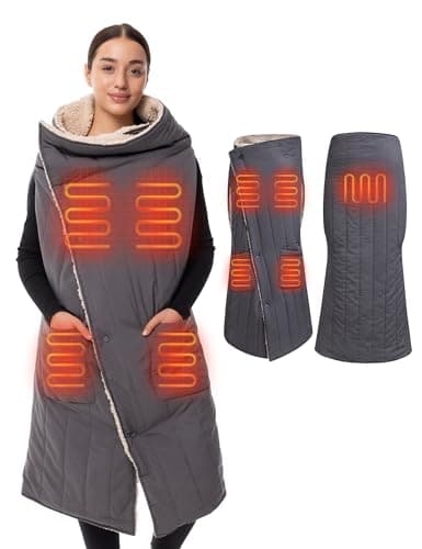HENNCHEE Wearable Heated Blanket Battery Operated, Sherpa Stylish Portable Heated Blanket with 16000mAh Battery 2-in-1 Cordless Electric Blanket for Outdoor Home 43"*52"