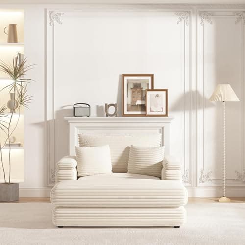 EXZLFA Oversized Chaise Longue Indoor，Comfy Thicked Upholstered Pad Lounge Chair with Ottoman，Soild Wood Sleeper Reclining Chair ，Corduroy Deep Seat Couch for Living Room (Beige, 1 Seat) 5