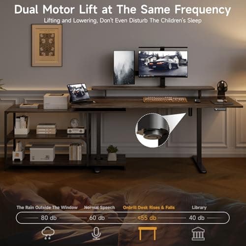 ONBRILL L Shaped Standing Desk with File Cabinet, 63x24'' Electric Stand Up Desk with Monitor and Storage Shelf, Adjustable Height 28-46'' for Home and Computer Workstation, Walnut 6