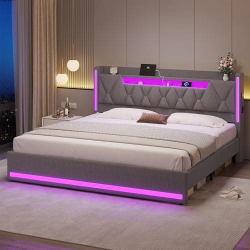 busyaeh King Size Bed Frame with Marshmallow Headboard and Storage, King Bed Frame with LED Lights & Charging Station, Upholstered Platform Bed with Metal Support, No Noise, No Box Spring Needed,Gray 9
