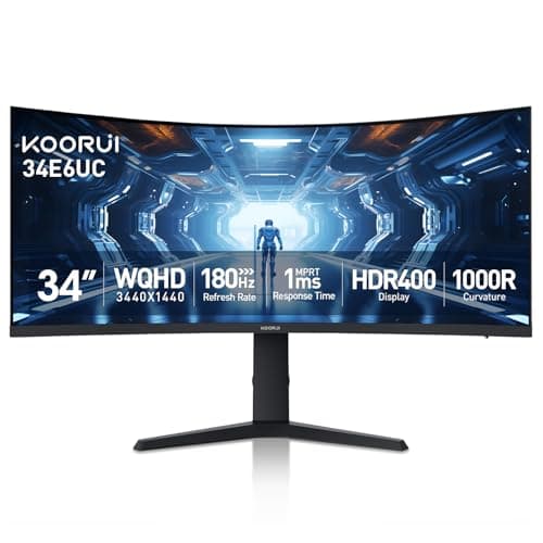 KOORUI 34-inch Curved Ultrawide WQHD 3440×1440 Gaming Monitor, 180Hz 1000R- PIP/PBP, 1ms(MPRT), HDR400, DCI-P3 95%, FreeSync Premium, 1 x DP 1.4 & 2 x HDMI 2.0, Tilt Height Swivel Adjustment, 34E6UC