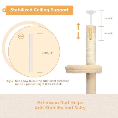 PETEPELA Floor to Ceiling Cat Tree, Cat Tower 5-Tier Height(95-107 Inches) Adjustable, Tall Cat Climbing Tree Featuring with Scratching Post, Cozy Bed,Interactive Ball Toy for Indoor Cats/Kitten Beige 7