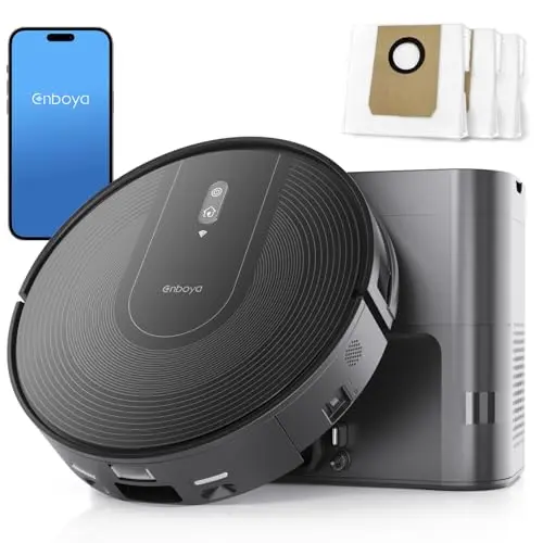 Enboya Robot Vacuum Cleaner with Self-Emptying Base – 9000Pa Suction, 85 Days of Dust Storage, Wi-Fi/App/Alexa Control – Ideal for Pet Hair, Hard Floors, and Low Carpets