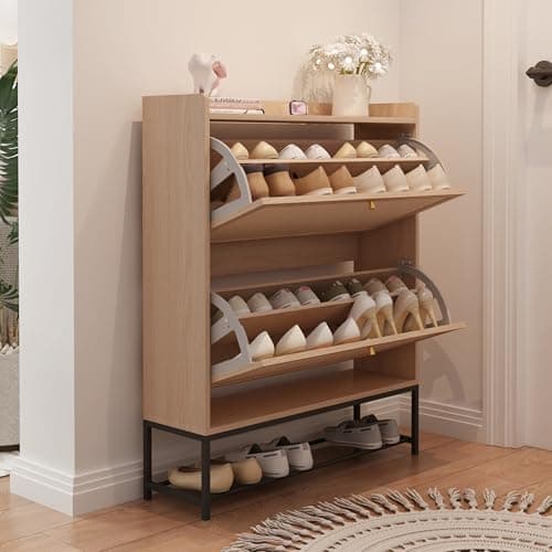 AVZEAR Narrow Shoe Storage Cabinet for Entryway with 2 Flip Drawers, Freestanding Shoe Cabinet with Natural Linen Panel, Slim Wood Shoe Organizer Closed Shoe Rack for Hallway, Foyer, Natural 9