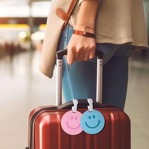 FFyhiinski Preppy Smile Luggage Tags - 2 Happy Smile Face Luggage Tags for Suitcases, Round Funny Face Silicone Baggage Backpack Label Travel Personalized with Name ID Card Trunk Label for Girls Women 6