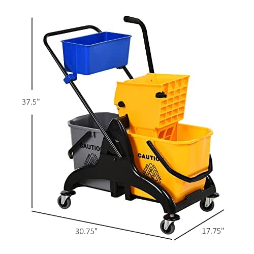 HOMCOM 2 x 6.9 Gallon Mop Water Bucket Wringer Cart with Easy to Use Side Press Wringer, Smooth Wheels, Mop-Handle Holder 7