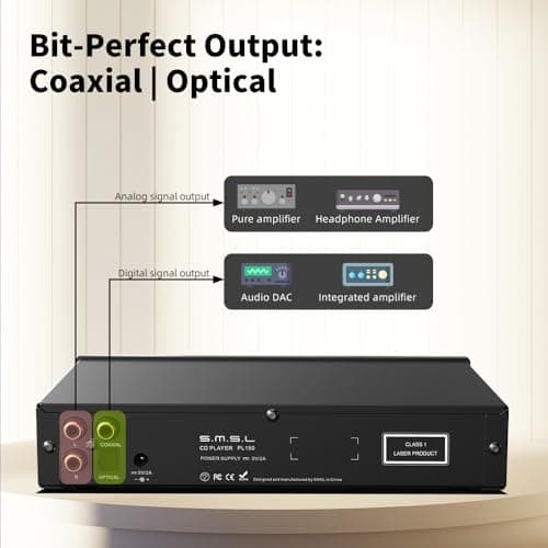 SMSL PL150 CD Player High Power CS43198 D/A chip, Standard/MQA-CD/HDCD CDs, with RCA/3.5mm & 4.4mm Headphone/Optical/Coaxial Output, for Vehicle/Laptop/TV/PC, CD Player Amp with Remote Control(Silver) 5