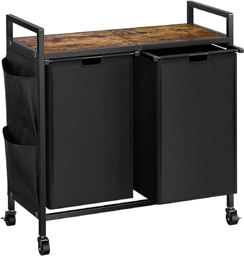 WOWLIVE Double Laundry Hamper with Lid,Rolling Laundry Basket Organizer with Wheels, Iron-Made Laundry Sorter with Top Shelf and 2 Removable Bags,Large Clothes Storage for Room,Black 1