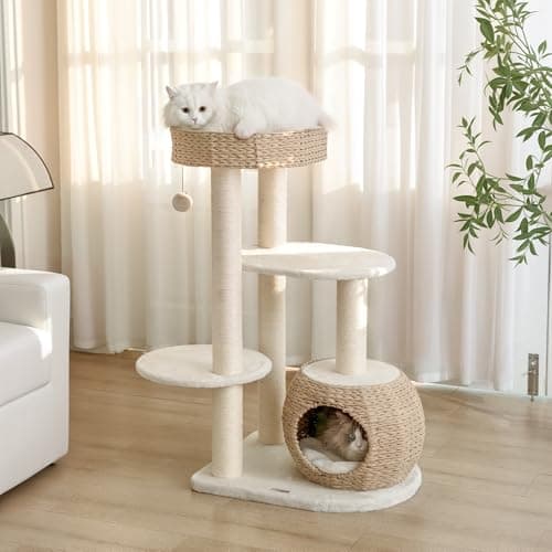 KAMABOKO Modern Cat Tree, Cat Trees for Indoor Cats w/Natural Sisal Scratching Posts, Hand-Woven Condo & Top Perch, 39" Tall Cat-Tree for Kittens Climb Play & Rest
