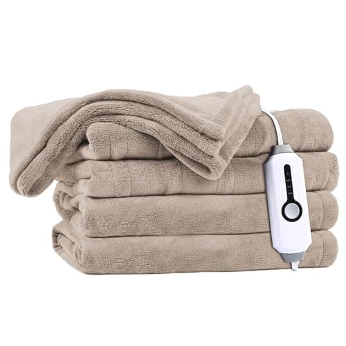 DUODUO Heated Electric Blanket 62"x84" Twin Size Warm Coral Fleece with 4 Heat Settings & 10 Hours Auto Shut Off Overheating Protectsion - Light Brown