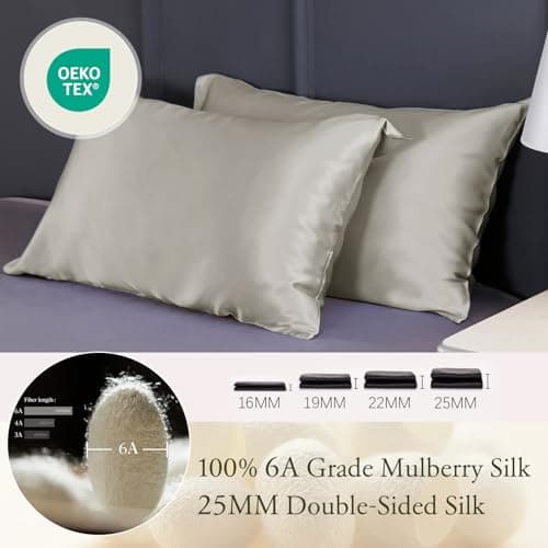 LILYSILK 100% Silk Pillowcase 1PC 25MM Pure Bed Pillowcase for Hair & Skin Terse Envelope Double-Sides Charmeuse Silk, Silvergray Standard 20x26 inches 2
