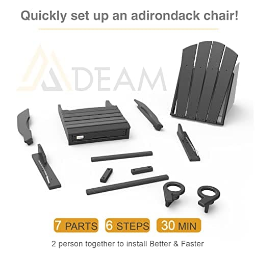 Mdeam Folding Adirondack Chair with Retractable Ottoman, HDPE All-Weather Fire Pit Chair with 2 Cup Holders, Outdoor Chair for Deck Patio Garden Backyard Lawn (Black) 6