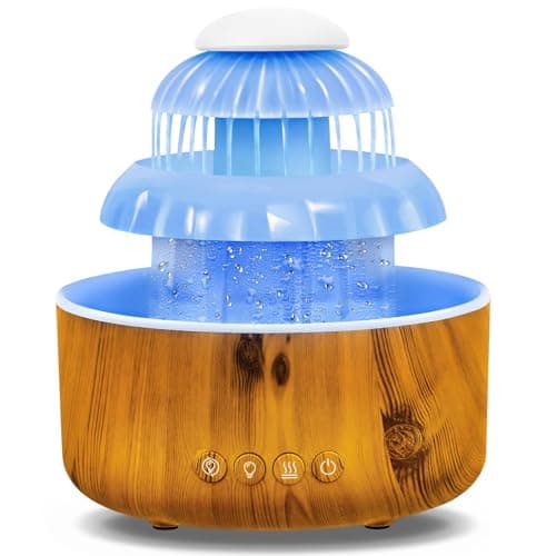Humidifier for Bedroom, Water Flowing Cool Mist Humidifier, Waterfall Air with Rain Sounds Sleeping, 8 Colors led Light Up to10 Hours, Cloud Baby Woman, Home, Office