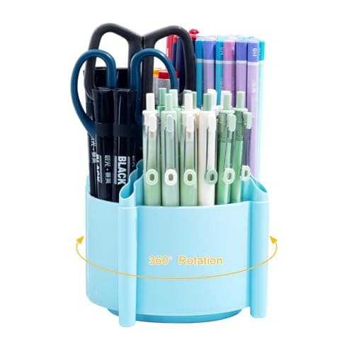 M&G 360 Degree Rotating Desk Organizer, 4 Slot Pencil Holder with Stickers, Multi-Purpose Cute Pen Pencil Cup for Make Up Brush Office School Home (Blue)